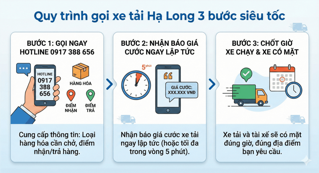 Quy trình 3 bước gọi thuê xe tải Hạ Long chở hàng nguyên chuyến siêu tốc.
